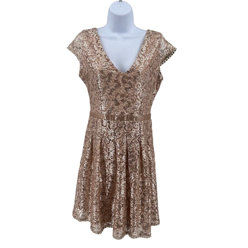 C. Luce Gold Champagne Sequin Mini Dress WMNS S Partywear V-neck Pleated Cap Sl
